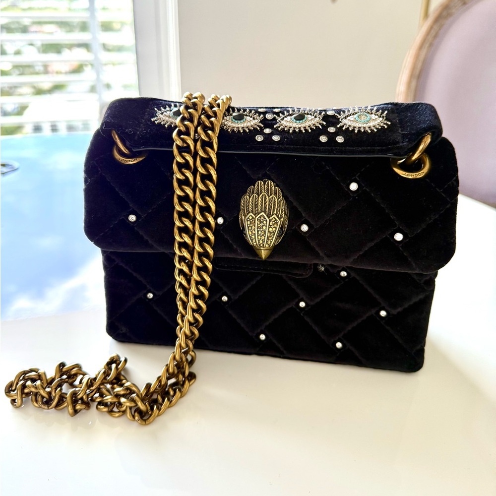 Kurt Geiger Elegant Black Velvet Handbag with Gold Chain